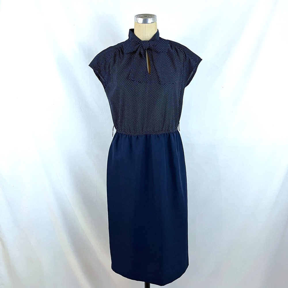 Vintage Navy Blue Polka Dot Tie Neck Dress